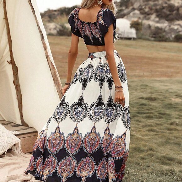 Multicolor Boho Womens Geo Print Shirred Detail Crop Top & Skirt - Picture 5 of 5